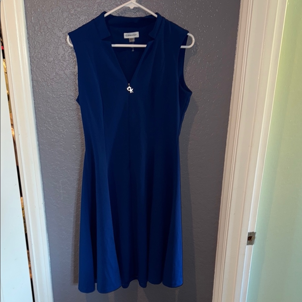 Calvin Klein Blue Sleeveless V-Neck A-Line Midi Dress